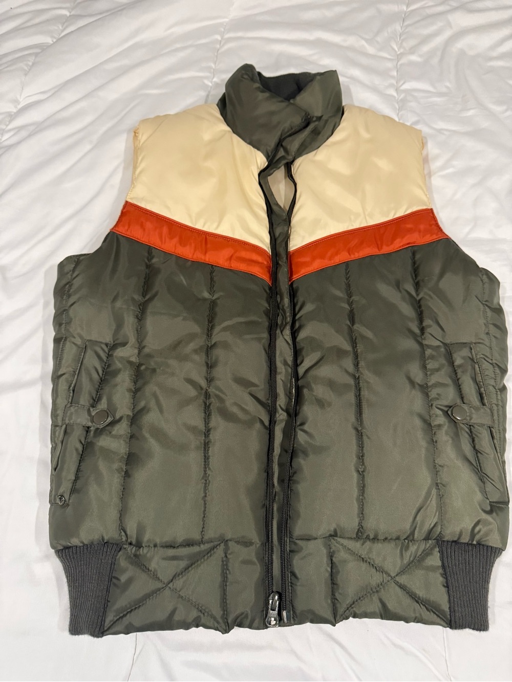 Black Men's Olive Green Puffer Vest with Cream Yoke and Orange Trim
